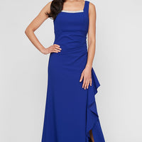 Long Stretch Crepe Bolero Jacket Dress with Embellished Square Neckline & Jacket and Cascade Ruffle Detail Skirt
