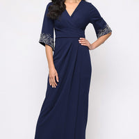 Long Stretch Crepe Column Dress with Surplice Neckline, Gathered Waist Detail and Heat Set Sleeves
