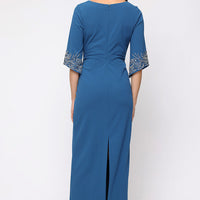 Long Stretch Crepe Column Dress with Surplice Neckline, Gathered Waist Detail and Heat Set Sleeves