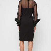 Petite Short Stretch Crepe Sheath Dress with Illusion Neckline and Ruffle Sleeve Detail