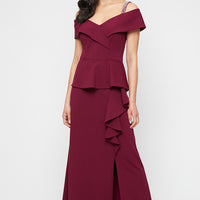 *Long Stretch Crepe Dress with Embellished Strap Cold Shoulder Detail and Cascade Peplum Hem Bodice