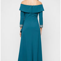 *Long Stretch Crepe Off the Shoulder Dress with Foldover Cuff Neckline, Beaded Sleeve Detail and Cascade Ruffle Skirt