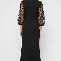 *Long Stretch Crepe Dress with Square Neckline and 3-D Floral Illusion Sleeves