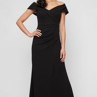 Petite Long Off the Shoulder Stretch Crepe Dress with Fishtail Back