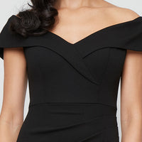 Petite Long Off the Shoulder Stretch Crepe Dress with Fishtail Back