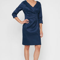 Short Sheath Stretch Taffeta Cocktail Dress with Portrait Collar and Ruched Waist Detail
