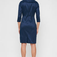 Short Sheath Stretch Taffeta Cocktail Dress with Portrait Collar and Ruched Waist Detail