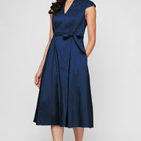 Stretch Taffeta Party Dress with A-Line Skirt & Tie Waist Detail