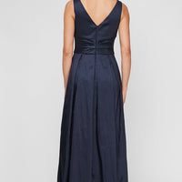 Long Stretch Taffeta Sleeveless Dress with V-Neckline