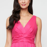 Long Stretch Taffeta Sleeveless Dress with V-Neckline