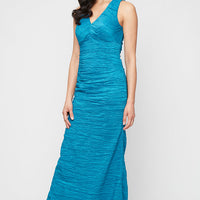 Petite Long Sleeveless Crinkle Stretch Taffeta Dress V-Neckline