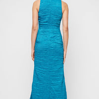 Petite Long Sleeveless Crinkle Stretch Taffeta Dress V-Neckline
