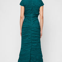 Plus Long Crinkle Stretch Taffeta Dress with Surplice Neckline, Empire Waist and Cap Sleeves