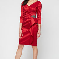 Short Stretch Taffeta Sheath Dress with Surplice Neckline, Cascade Skirt and Embellishment Detail at Hip