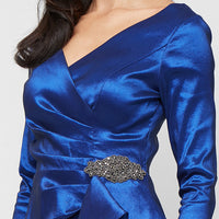 Short Stretch Taffeta Sheath Dress with Surplice Neckline, Cascade Skirt and Embellishment Detail at Hip
