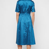 Midi Stretch Taffeta Portrait Collar Dress with Elbow Sleeves and Tie Waist Detail