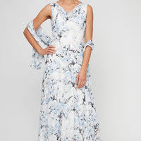 Floral Chiffon Sleeveless Dress with Cowl Neckline and Shawl