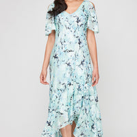 Tea-Length Chiffon Burnout V-Neck Dress with Tulip Overlay High/Low Hem and Elbow Sleeves