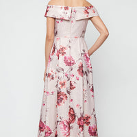 Long Printed Foil Jacquard Off-the-Shoulder Ballgown