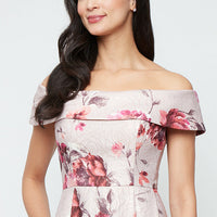 Long Printed Foil Jacquard Off-the-Shoulder Ballgown
