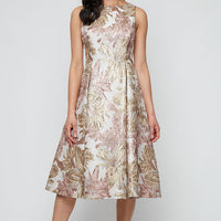 Midi Sleeveless Printed Jacquard Dress with Full Skirt