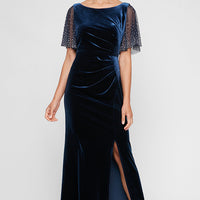 Long Fit and Flare Dress with Heat Set Illusion Flutter Sleeves and Front Slit