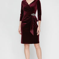 Short Velvet Sheath Dress with Surplice Neckline, Cascade Skirt and Embellishment Detail at Hip