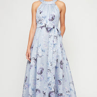 Long Printed Shimmer Organza Dress with Halter Neckline, Full Skirt and Tie Belt