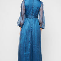 Long Surplice Yoryu Dress with Illusion Bubble Hem Sleeves and Structured Belt