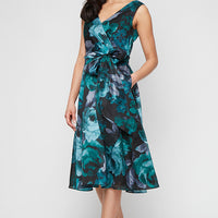 Midi Printed Yoryu Sleeveless A-Line Dress with Surplice Neckline and Tie Waist Detail