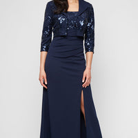 Long Scuba Crepe Jacket Dress with Sequin Bodice & Collared Jacket, Square Neckline and Front Slit
