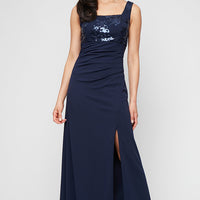 Long Scuba Crepe Jacket Dress with Sequin Bodice & Collared Jacket, Square Neckline and Front Slit