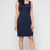 Short Stretch Scuba Crepe Jacket Dress with Sequined Bodice and Elonated Collared Jacket
