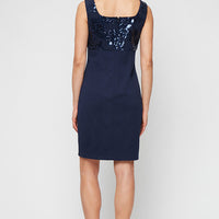 Short Stretch Scuba Crepe Jacket Dress with Sequined Bodice and Elonated Collared Jacket