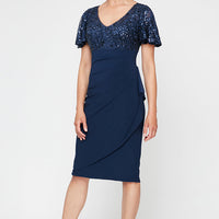 Short V-Neck Empire Waist Sheath Dress with Flutter Sleeves & Cascade Detail Skirt