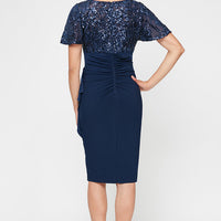 Short V-Neck Empire Waist Sheath Dress with Flutter Sleeves & Cascade Detail Skirt