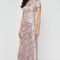 Printed Stretch Sequin Column Dress with Short Sleeves and Ruched Waist