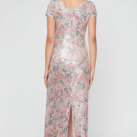 Printed Stretch Sequin Column Dress with Short Sleeves and Ruched Waist