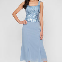 Petite Tea Length Stretch Crepe Sequin Mock Jacket Dress with Square Neckline, Chiffon Skirt and Center Front Button Closure