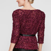 Petite 3/4 Sleeve Soutache Blouse with Puff Shoulder Sleeve Detail, Illusion Neckline and Tie Belt