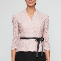 3/4 Sleeve Blouse with Scallop Front Detail and Tie Belt