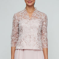 3/4 Sleeve Corded Embroidered Blouse with Center Front Scallop Detail and Illusion Sleeves