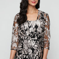 3/4 Sleeve Embroidered Tulle Twinset with Scoop Neck Tank and Elongated Center Front Closure Jacket