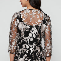 3/4 Sleeve Embroidered Tulle Twinset with Scoop Neck Tank and Elongated Center Front Closure Jacket