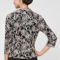 Petite 3/4 Sleeve Embroidered Blouse with Center Front Scallop Detail and Illusion Sleeves