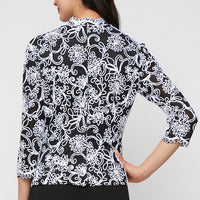 Plus 3/4 Sleeve Embroidered Blouse with Center Front Scallop Detail and Illusion Sleeves