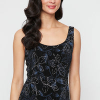 3/4 Sleeve Printed Glitter Slinky Knit Twinset with Scoop Neck Tank and Hook Neck Closure Jacket
