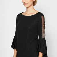 Metallic Knit Blouse With Beaded Illusion Detail and Cascade Bell Sleeves