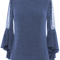 Plus 3/4 Sleeve Blouse With Beaded Illusion Detail and Cascade Bell Sleeves