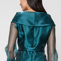 3/4 Sleeve Organza Blouse with Portrait Collar Neckline, Illusion Sleeves and Tie Waist